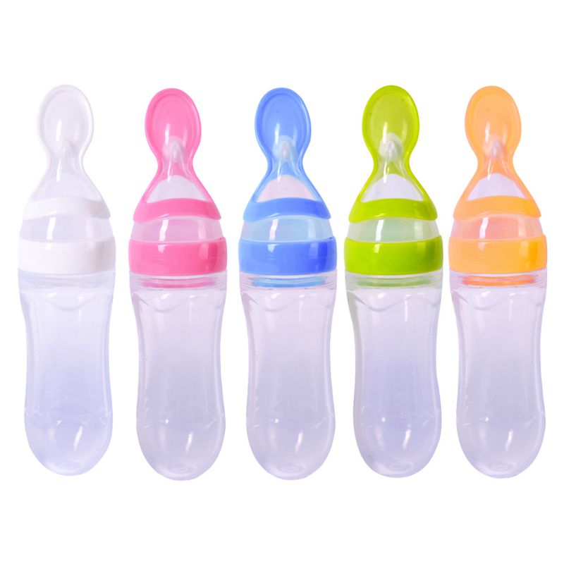 Newborn Baby Squeezing Feeding Bottle Silicone Training Rice Spoon Infant Cereal Food Supplement Feeder Safe Tableware Tools