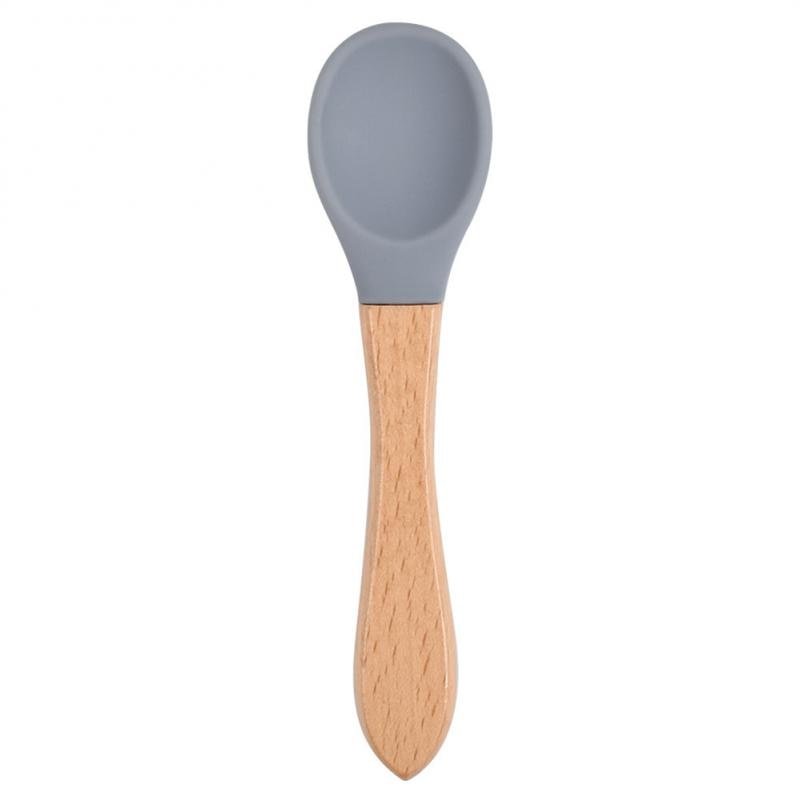 Baby Wooden Spoon Silicone Wooden Baby Feeding Spoon Organic Soft Tip Spoon BPA Free Food Grade Material Handle Toddlers Gifts