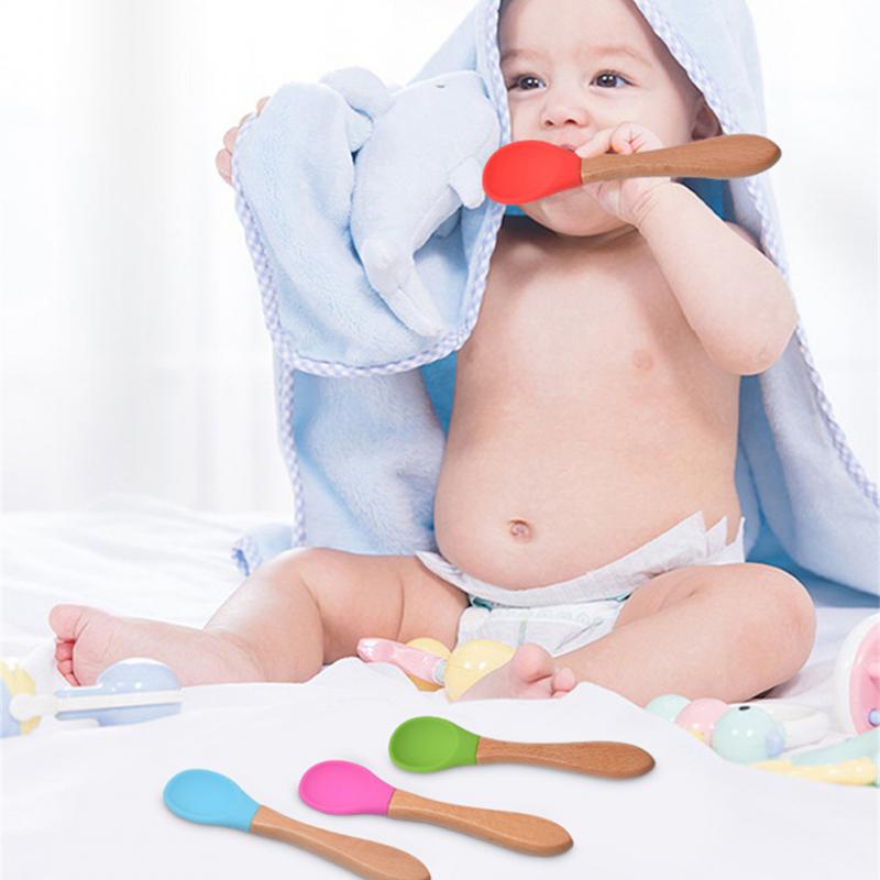 Baby Wooden Spoon Silicone Wooden Baby Feeding Spoon Organic Soft Tip Spoon BPA Free Food Grade Material Handle Toddlers Gifts