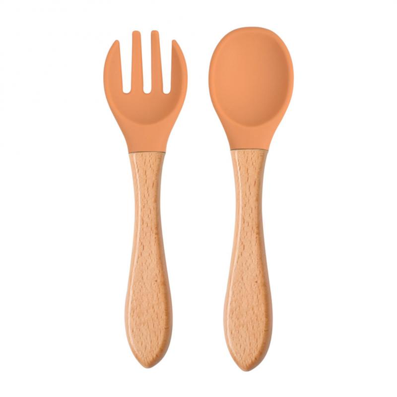 Baby Wooden Spoon Silicone Wooden Baby Feeding Spoon Organic Soft Tip Spoon BPA Free Food Grade Material Handle Toddlers Gifts