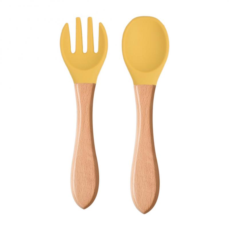 Baby Wooden Spoon Silicone Wooden Baby Feeding Spoon Organic Soft Tip Spoon BPA Free Food Grade Material Handle Toddlers Gifts