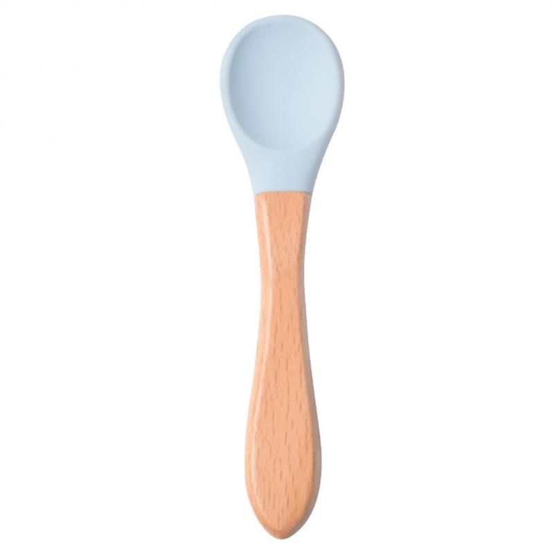 Baby Wooden Spoon Silicone Wooden Baby Feeding Spoon Organic Soft Tip Spoon BPA Free Food Grade Material Handle Toddlers Gifts