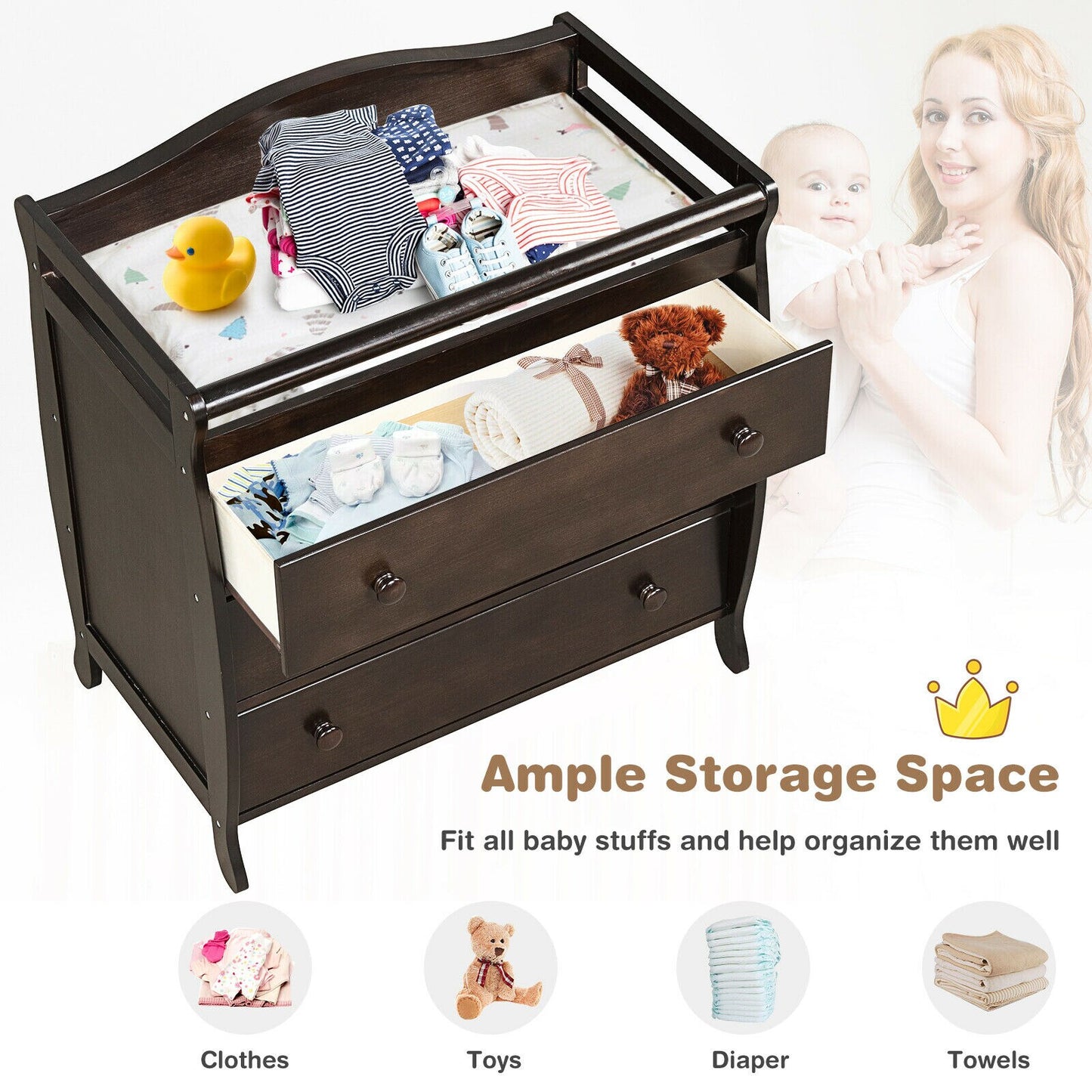 3 Drawer Baby Changing Table Infant Diaper Changing Station w/ Safety Belt Brown