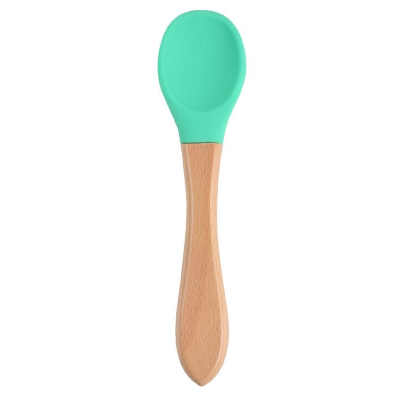 Baby Wooden Spoon Silicone Wooden Baby Feeding Spoon Organic Soft Tip Spoon BPA Free Food Grade Material Handle Toddlers Gifts