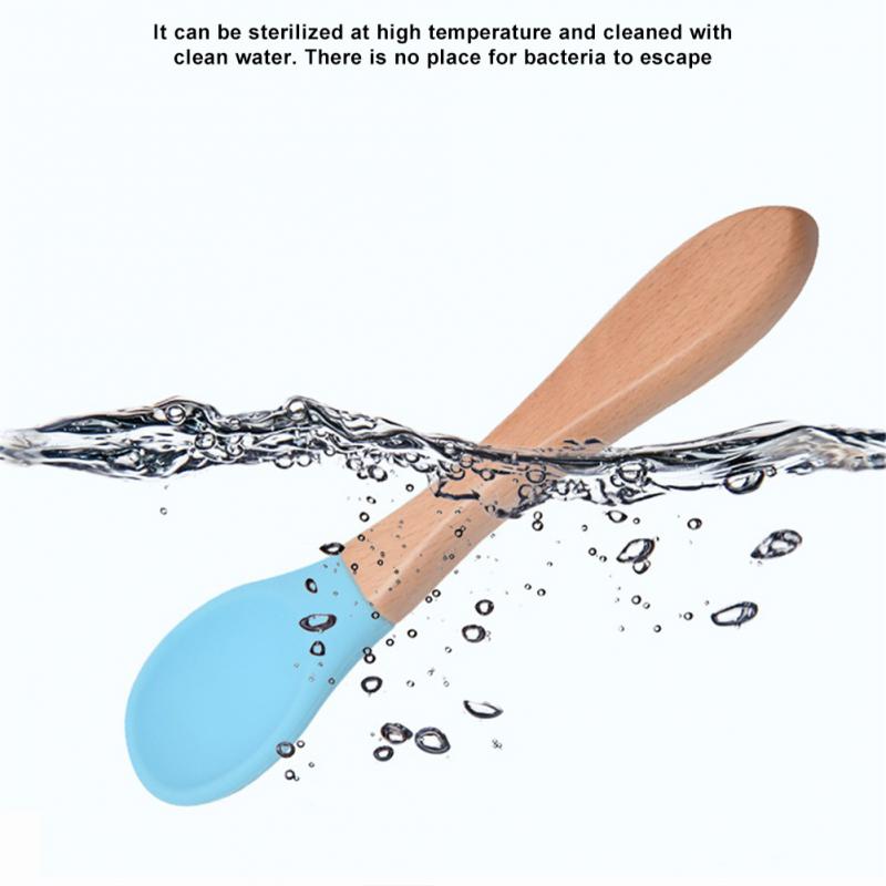 Baby Wooden Spoon Silicone Wooden Baby Feeding Spoon Organic Soft Tip Spoon BPA Free Food Grade Material Handle Toddlers Gifts