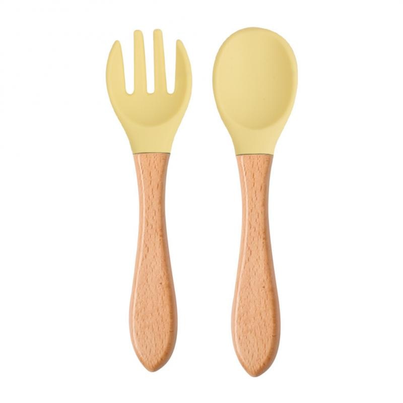 Baby Wooden Spoon Silicone Wooden Baby Feeding Spoon Organic Soft Tip Spoon BPA Free Food Grade Material Handle Toddlers Gifts