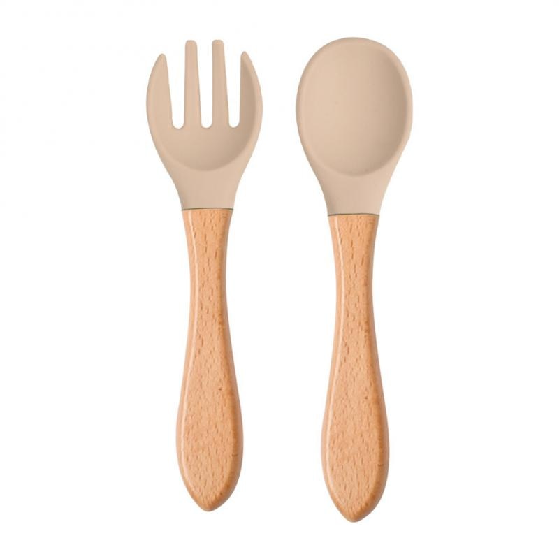 Baby Wooden Spoon Silicone Wooden Baby Feeding Spoon Organic Soft Tip Spoon BPA Free Food Grade Material Handle Toddlers Gifts