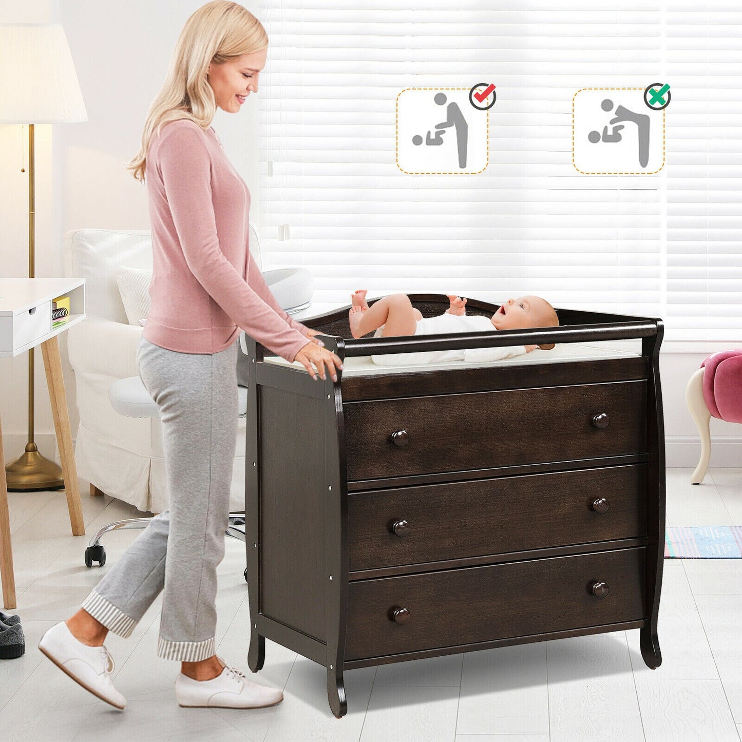 3 Drawer Baby Changing Table Infant Diaper Changing Station w/ Safety Belt Brown