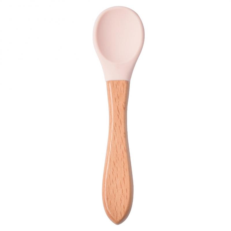 Baby Wooden Spoon Silicone Wooden Baby Feeding Spoon Organic Soft Tip Spoon BPA Free Food Grade Material Handle Toddlers Gifts