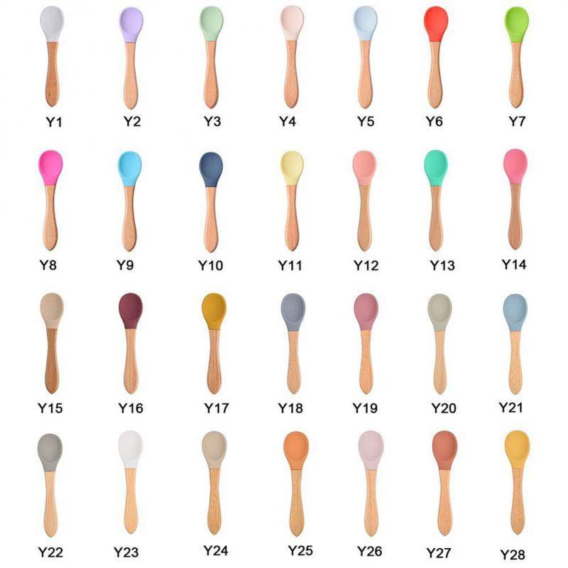 Baby Wooden Spoon Silicone Wooden Baby Feeding Spoon Organic Soft Tip Spoon BPA Free Food Grade Material Handle Toddlers Gifts