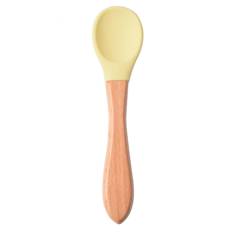 Baby Wooden Spoon Silicone Wooden Baby Feeding Spoon Organic Soft Tip Spoon BPA Free Food Grade Material Handle Toddlers Gifts