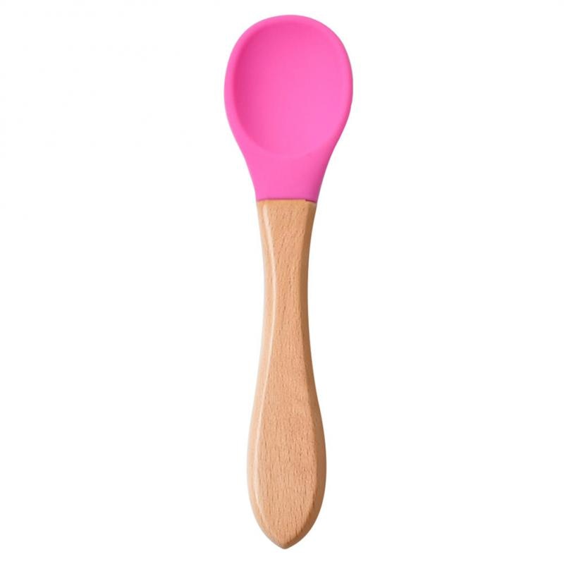 Baby Wooden Spoon Silicone Wooden Baby Feeding Spoon Organic Soft Tip Spoon BPA Free Food Grade Material Handle Toddlers Gifts