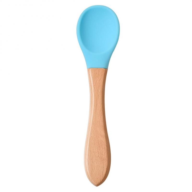 Baby Wooden Spoon Silicone Wooden Baby Feeding Spoon Organic Soft Tip Spoon BPA Free Food Grade Material Handle Toddlers Gifts