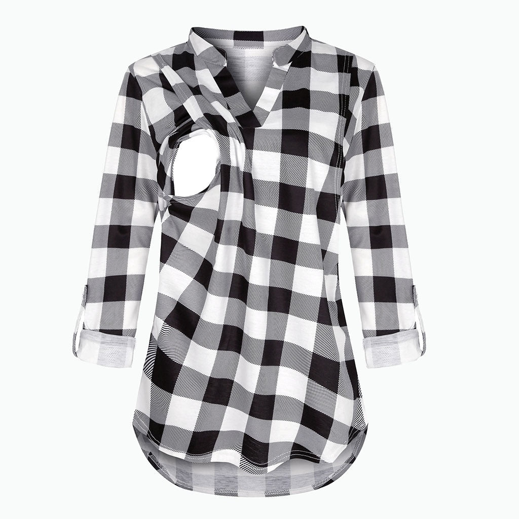 Summer Women Maternity Plaid Print Clothes Breastfeeding Tops Blouse Maternity Nursing Top Short Sleeves Blouse T-Shirt Clothes