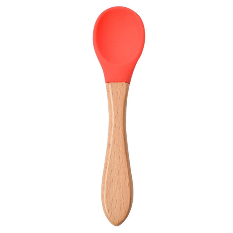 Baby Wooden Spoon Silicone Wooden Baby Feeding Spoon Organic Soft Tip Spoon BPA Free Food Grade Material Handle Toddlers Gifts