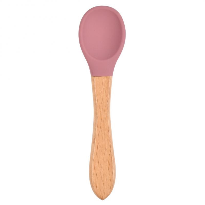 Baby Wooden Spoon Silicone Wooden Baby Feeding Spoon Organic Soft Tip Spoon BPA Free Food Grade Material Handle Toddlers Gifts