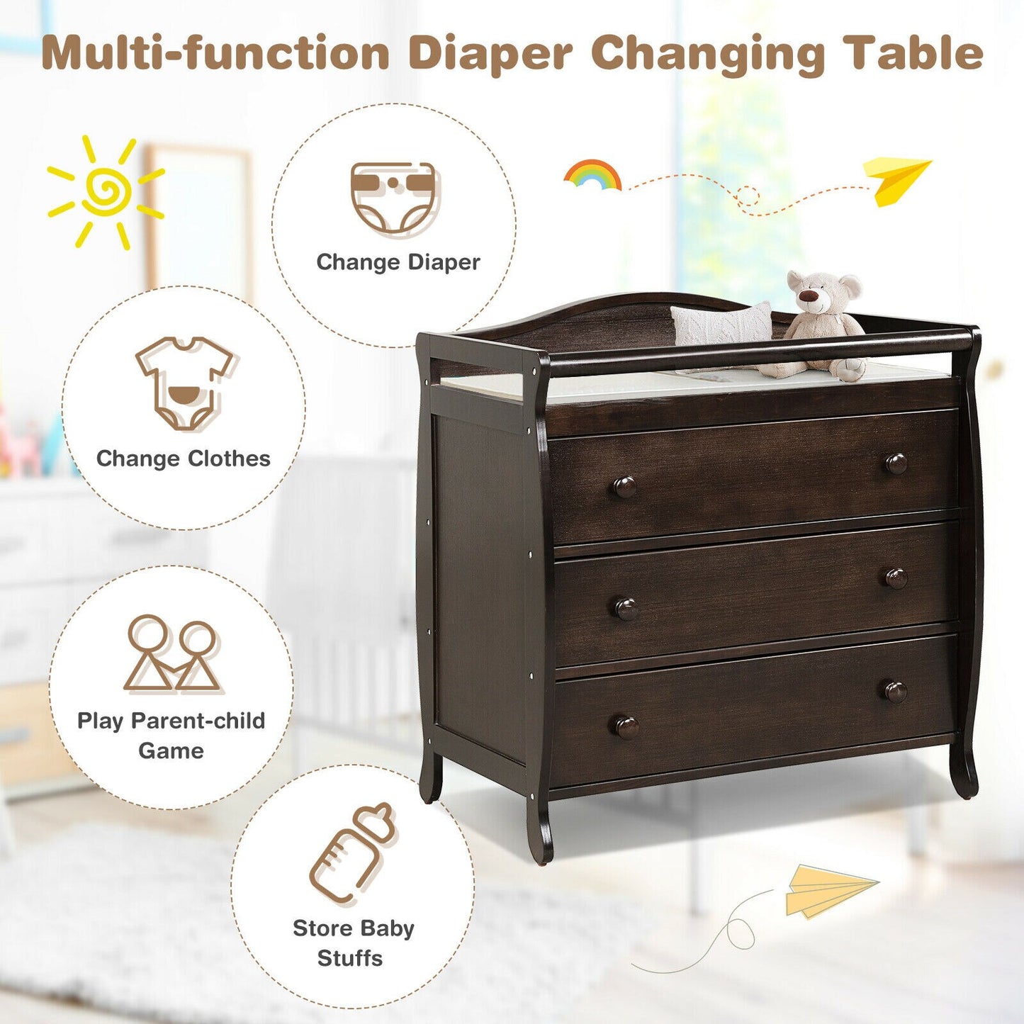 3 Drawer Baby Changing Table Infant Diaper Changing Station w/ Safety Belt Brown