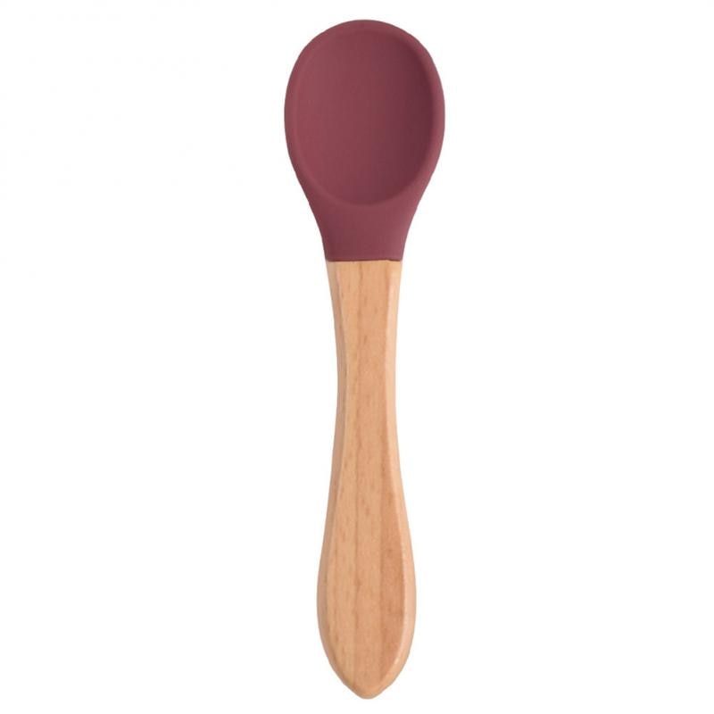 Baby Wooden Spoon Silicone Wooden Baby Feeding Spoon Organic Soft Tip Spoon BPA Free Food Grade Material Handle Toddlers Gifts