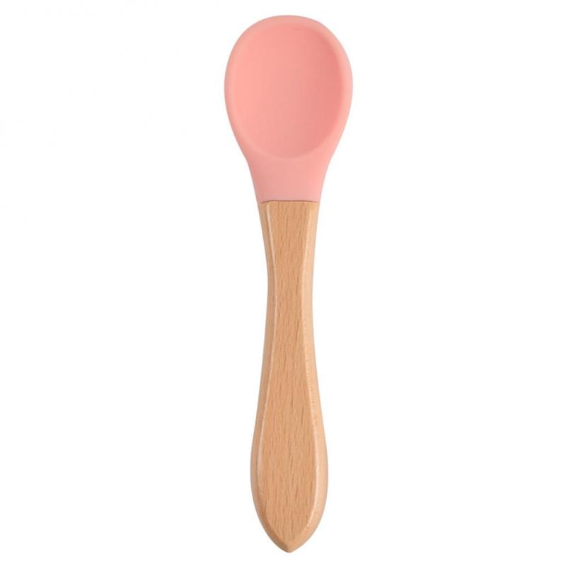 Baby Wooden Spoon Silicone Wooden Baby Feeding Spoon Organic Soft Tip Spoon BPA Free Food Grade Material Handle Toddlers Gifts