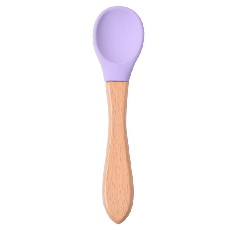 Baby Wooden Spoon Silicone Wooden Baby Feeding Spoon Organic Soft Tip Spoon BPA Free Food Grade Material Handle Toddlers Gifts