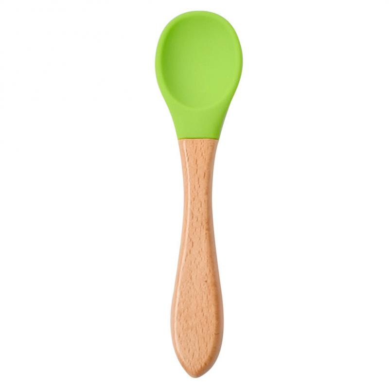 Baby Wooden Spoon Silicone Wooden Baby Feeding Spoon Organic Soft Tip Spoon BPA Free Food Grade Material Handle Toddlers Gifts