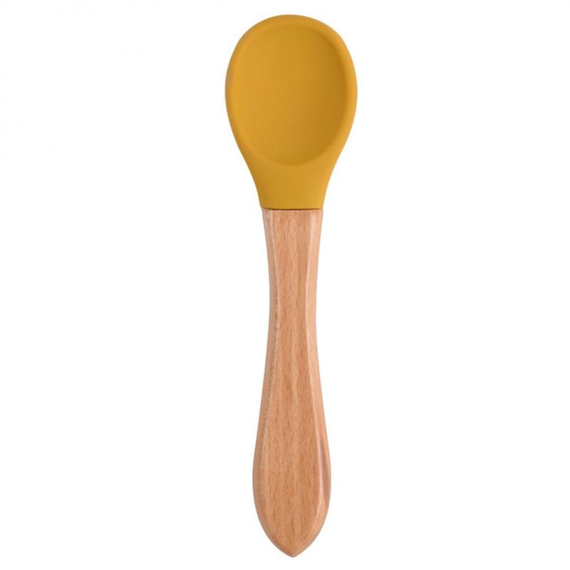 Baby Wooden Spoon Silicone Wooden Baby Feeding Spoon Organic Soft Tip Spoon BPA Free Food Grade Material Handle Toddlers Gifts