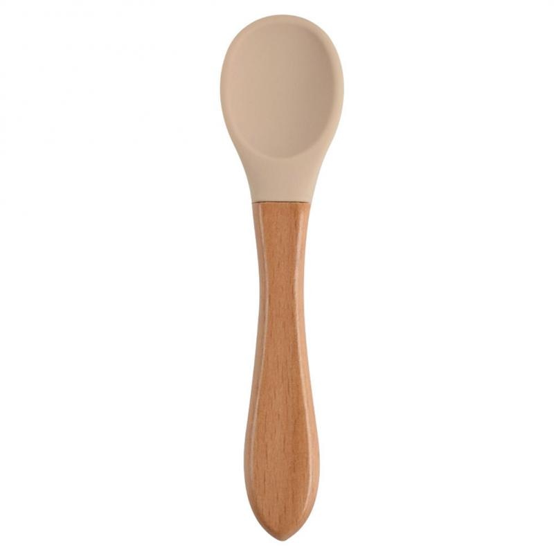 Baby Wooden Spoon Silicone Wooden Baby Feeding Spoon Organic Soft Tip Spoon BPA Free Food Grade Material Handle Toddlers Gifts