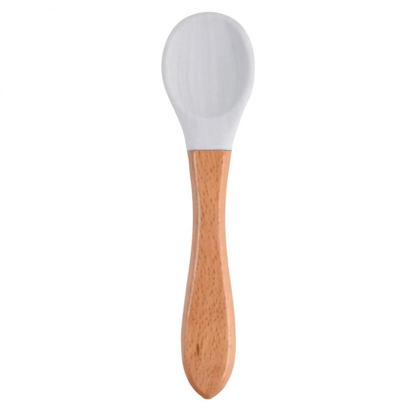 Baby Wooden Spoon Silicone Wooden Baby Feeding Spoon Organic Soft Tip Spoon BPA Free Food Grade Material Handle Toddlers Gifts